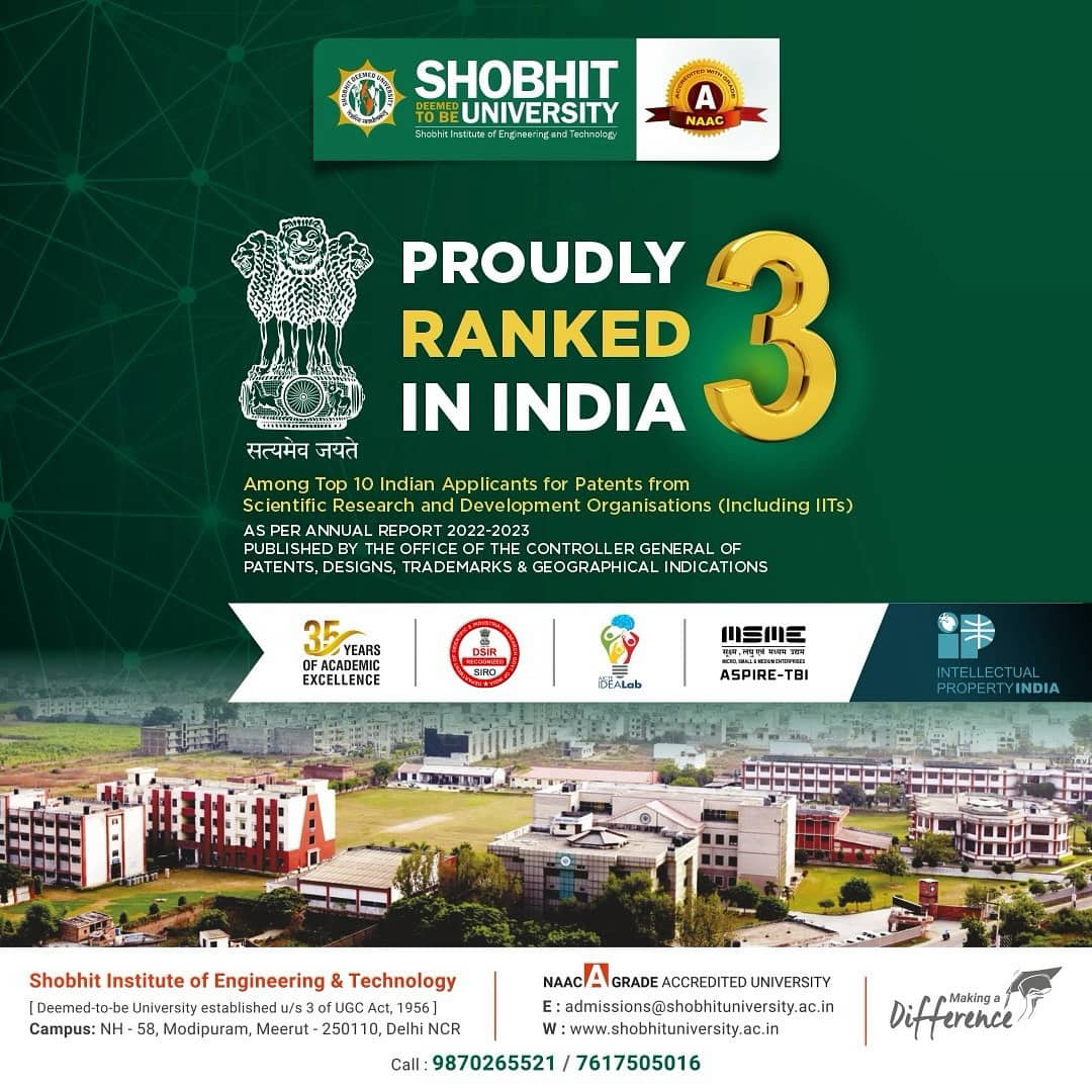 Shobhit University has been nationally ranked #3rd for Patents from Scientific Research & Development Organizations
