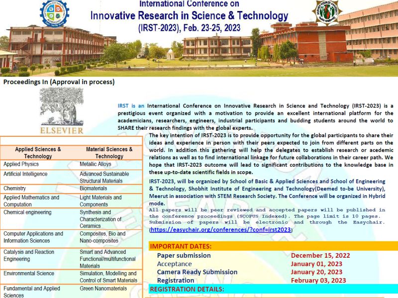 International Conference on Innovative Research in Science and Technology (IRST-2023) on April 27-29, 2023.